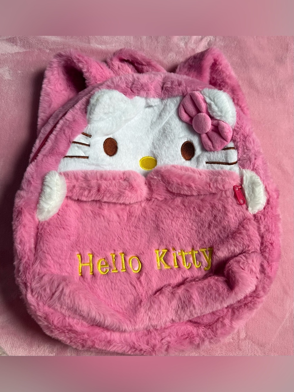 Hello Kitty Plush Pink Kids Backpack with Embroidered Yellow Logo